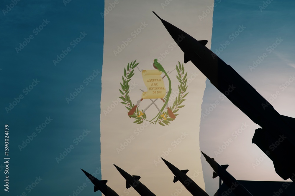Silhouettes of missiles on a background of flag of Guatemala. Copy space on the left side