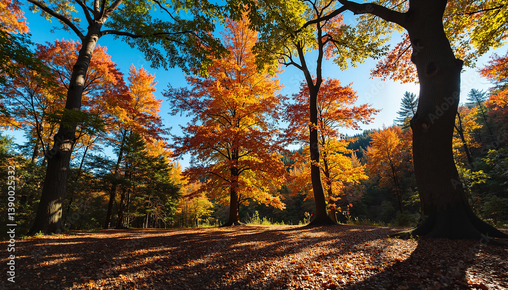 Fototapeta premium Autumn trees casting shadows in a vibrant forest landscape