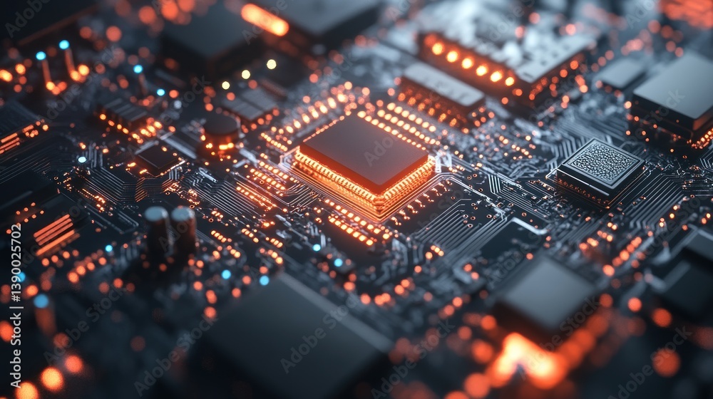 Circuit Board with Processor, Glow Effect, Technological Background Circuit Board with Processor, Glow Effect, Technological Background