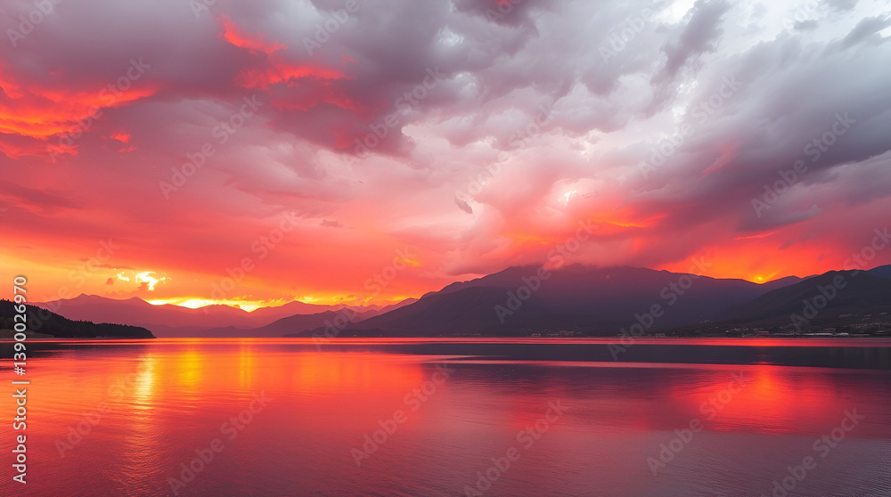 Fototapeta premium A peaceful sunrise over a tranquil lake with mountains in the background, soft pastel colors in the sky