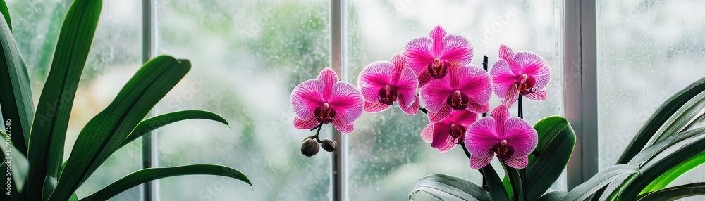 Naklejka premium Orchid Blooming in a Serene Greenhouse Nature Photography Indoor Garden Close-up View Botanical Beauty
