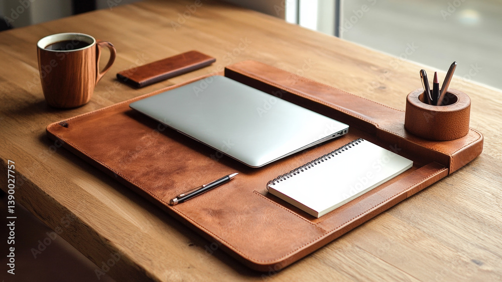 Organized wooden desk setup with laptop, notebook, pen, coffee mug, and leather accessories by window