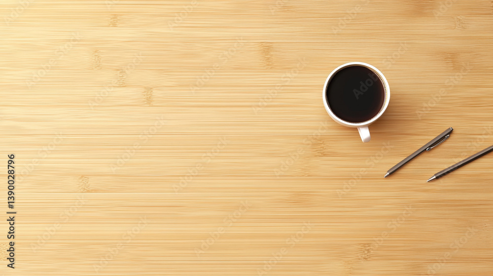 Minimal wooden desk with coffee cup, tablet, and pen in warm light and empty space