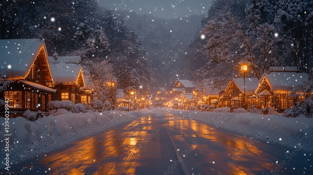 Fototapeta premium Snowy Village Street at Night.