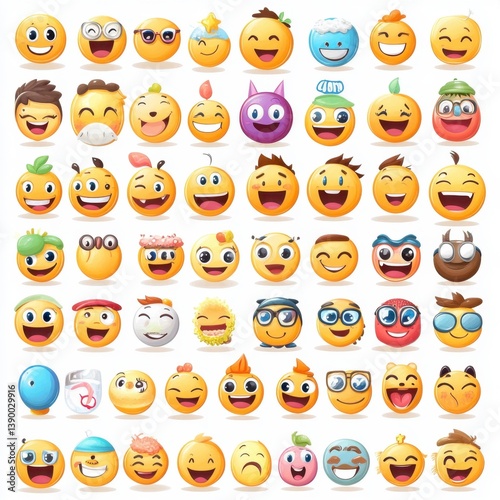 Collection of Diverse Yellow Cartoon Emojis with Various Happy Expressions