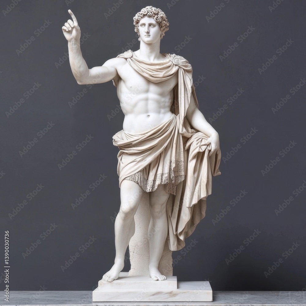 Naklejka premium Marble Statue of a Classical Male Figure Pointing, Gray Background