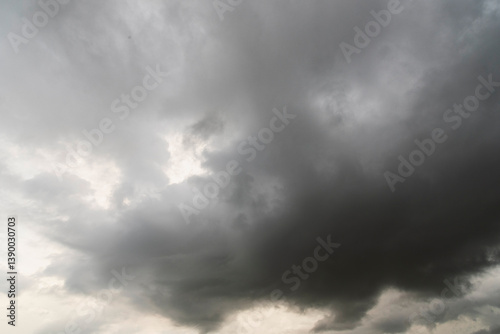 Fototapeta Naklejka Na Ścianę i Meble -  Dramatic dark storm thundercloud rain clouds on black sky background. Dark thunderstorm clouds rainny landscape. Meteorology danger windstorm disaster climate. Dark cloudscape storm disaster gray sky