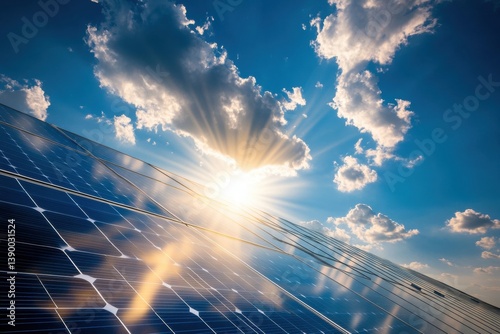 Solar panels absorb sunlight under a vibrant sky