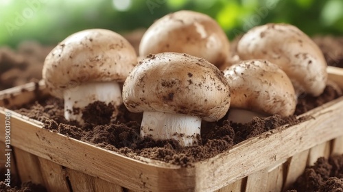 Fresh button mushrooms in wooden crate on soil