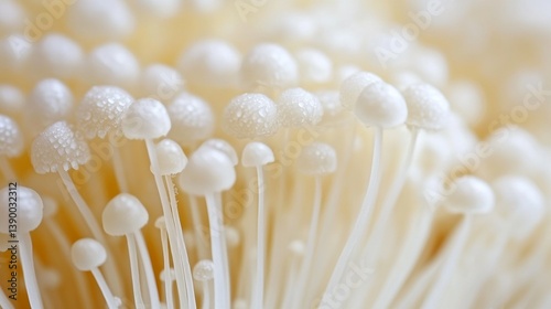 Close-up of dew-covered enoki mushrooms with delicate white stems