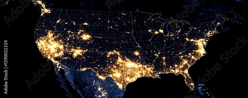 Nighttime view of North America from space, vibrant city lights across the United States, Canada, and Mexico, with a focus on New York and California, NASAstyle 3D Earth render