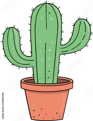Cute Cartoon Vector Illustration of Smiling Green Cactus in a Pot with Pink Flower Including Normal, Cartoon, and Hand-Drawn Lined Vector Styles
