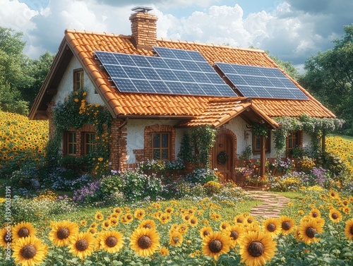 Solar House with Sunflower Field.