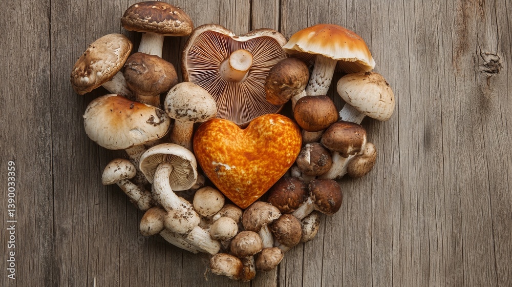 Heart-shaped mushroom arrangement on wooden surface for rustic kitchen decor