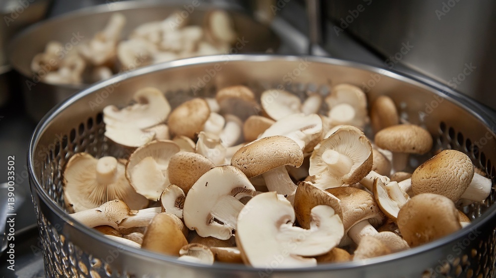 Fresh button mushrooms in metal colander on kitchen counter Fresh button mushrooms in metal colander on kitchen counter