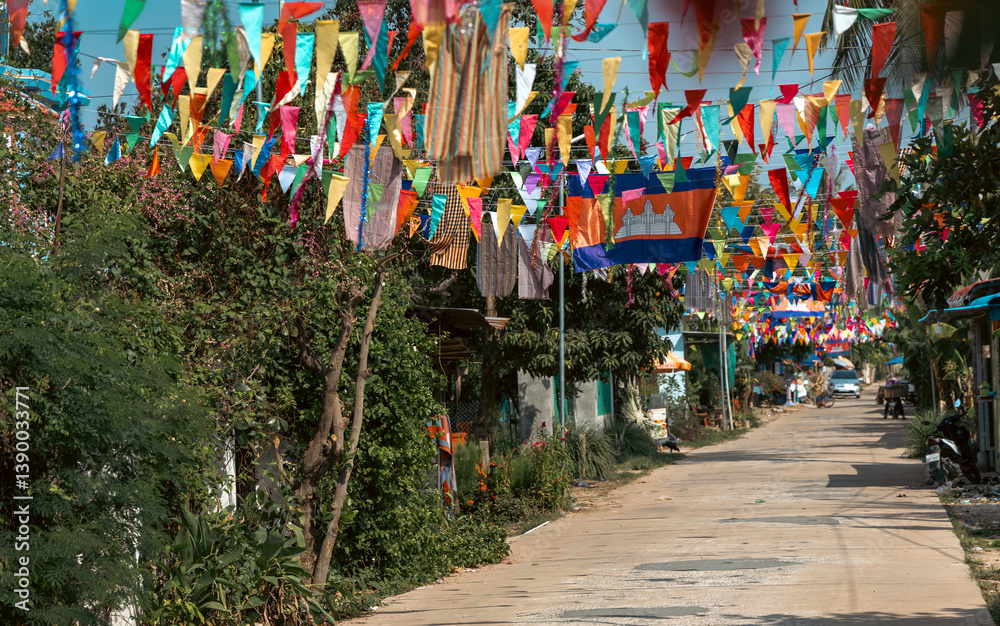 Fototapeta premium Cambodian Celebration Decorated with Colorful Flags