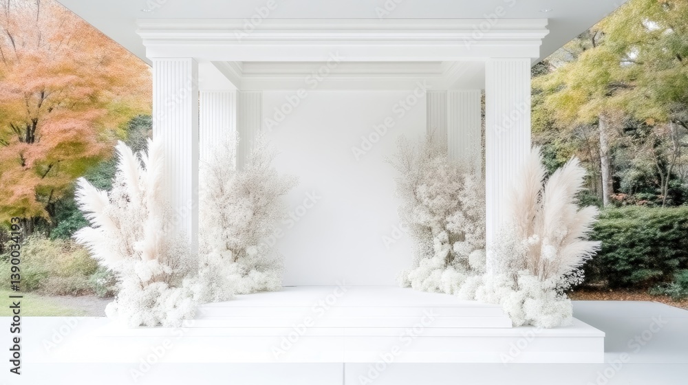 Fototapeta premium Elegant white outdoor ceremony space with pampas grass and floral arrangements