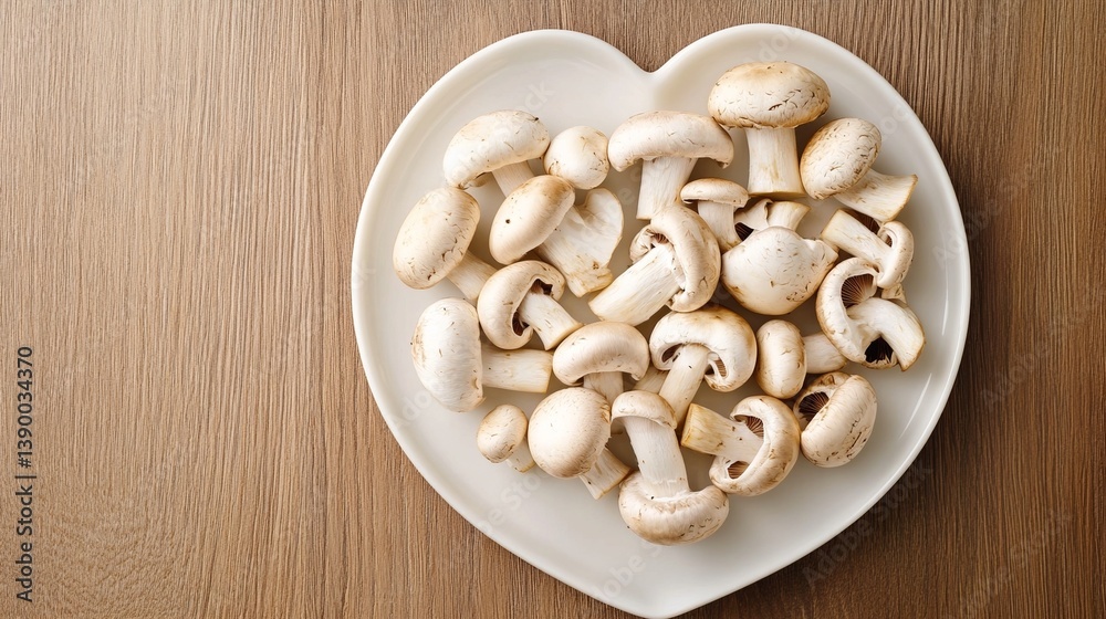 Fresh white mushrooms arranged on heart-shaped plate over wood surface Fresh white mushrooms arranged on heart-shaped plate over wood surface
