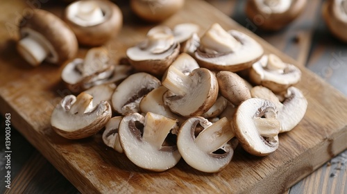 Sliced fresh mushrooms on wooden cutting board for cooking and meal preparation