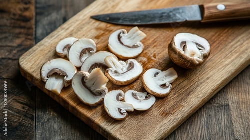 Sliced mushrooms on wooden cutting board with knife