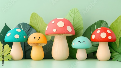 Cute cartoon mushrooms with smiling faces and colorful caps on leafy background