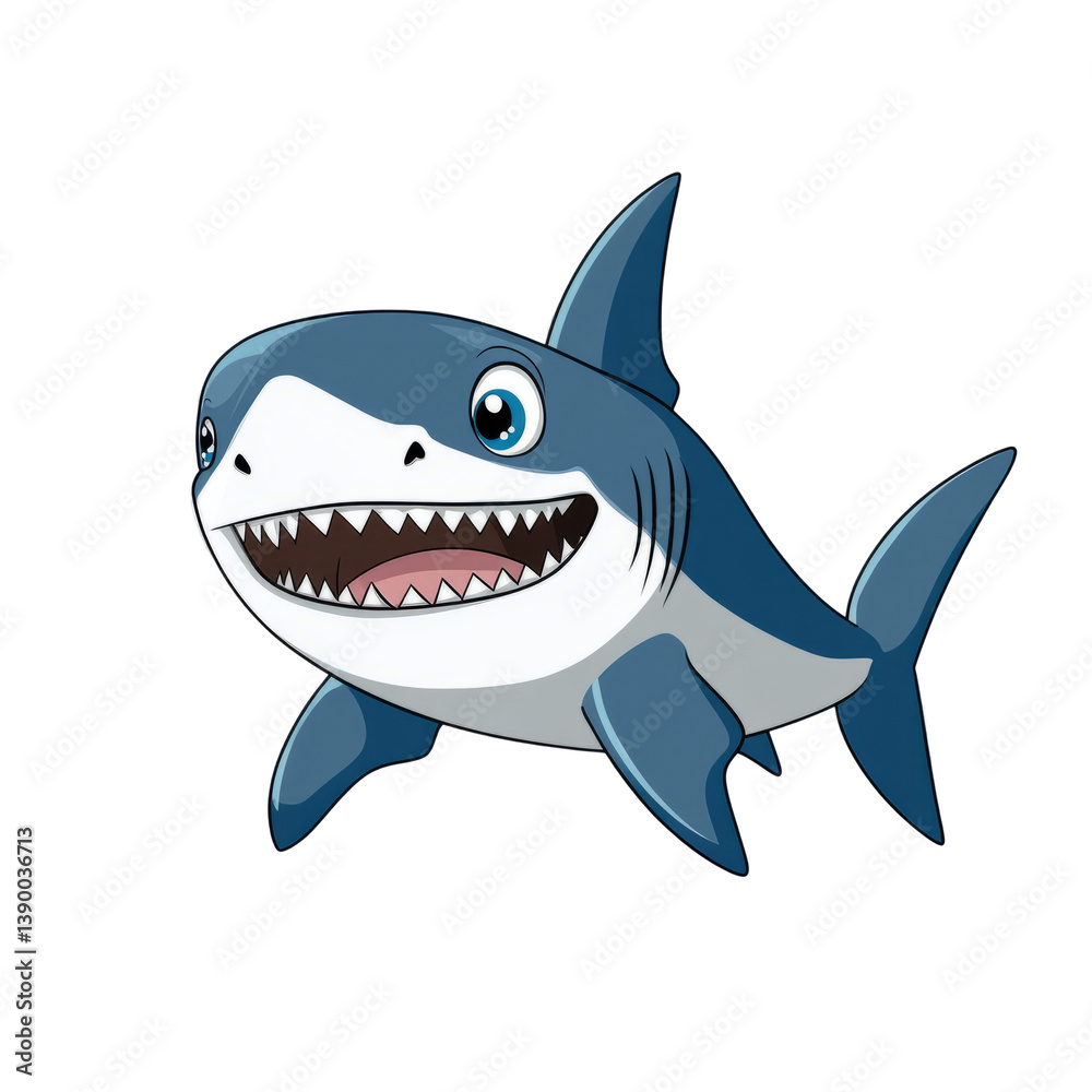 A cartoon shark with a big, toothy grin. Its blue and white body is illustrated with a simple style, making it ideal for children's books and designs A cartoon shark with a big, toothy grin. Its blue and white body is illustrated with a simple style, making it ideal for children's books and designs
