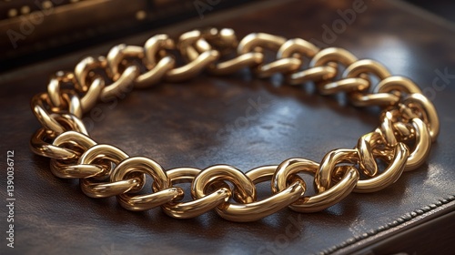 Gold chain necklace, opulent and substantial, resting on a rich leather surface.   photo