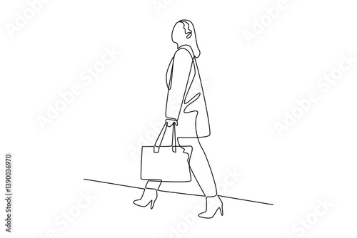 Single continuous line drawing of businesswoman coming home carrying bags. work minimalist concept. Back home after work illustration.