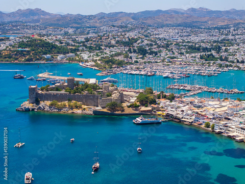 Bodrum Castle nd City Drone Photo, Bodrum Beach and Marina, Bodrum Mugla, Turkiye (Turkey)