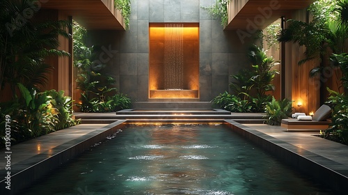Stylish spa resort with modern water feature high resolution picture