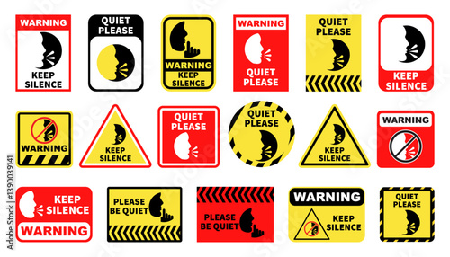 Set of keep silence attention signs on a white background