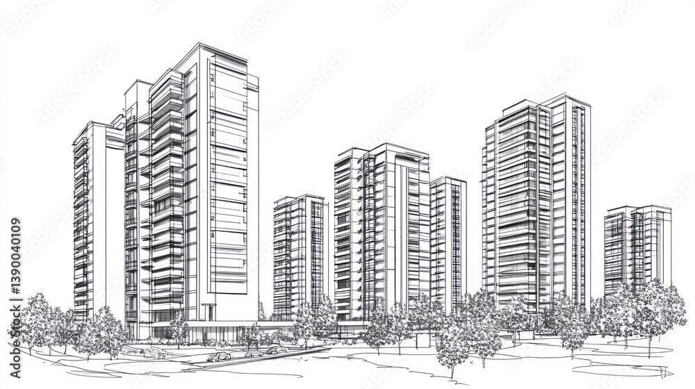Fototapeta premium Architectural sketch of city skyscrapers, urban design, urban planning, illustration, use for real estate, architecture, design, background