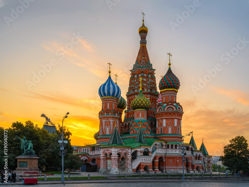 Saint Basil's Cathedral and Red Square in Moscow, Russia. Architecture and landmarks of Moscow. Sunrise cityscape of Moscow