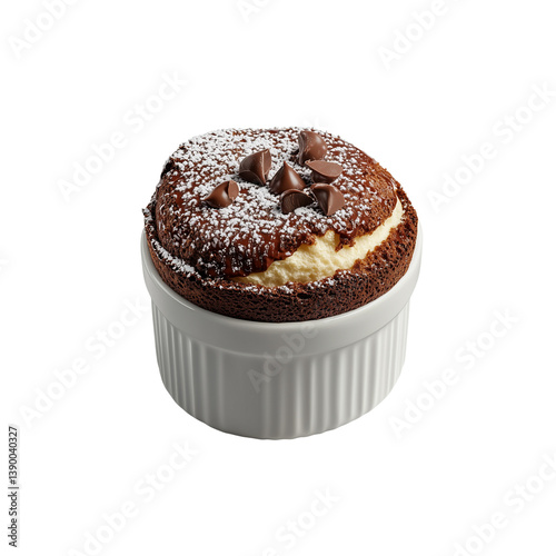 A chocolate souffle topped with chocolate chips and dusted with powdered sugar, served in a white ramekin.