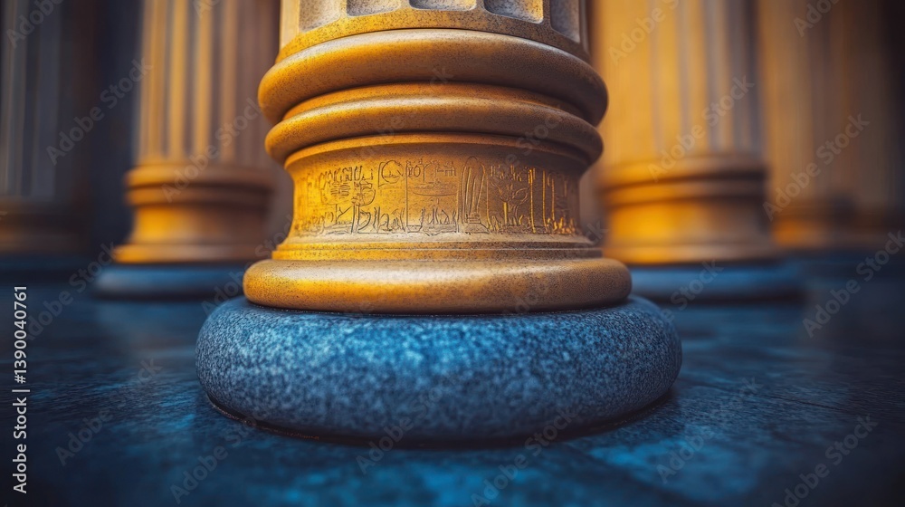 Golden columns, close-up view of bases. Detailed carvings adorn the column bases Golden columns, close-up view of bases. Detailed carvings adorn the column bases
