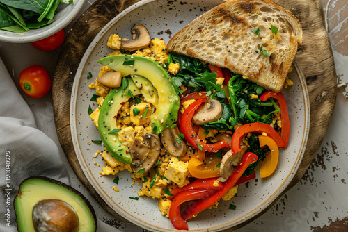 vibrant vegan breakfast with tofu scramble and vegetables