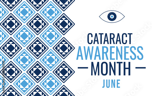blue geometric ethnic border design for cataract awareness month in june with eye icon and clean message to support vision care and eye health education.