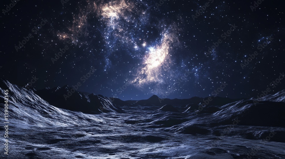 Ethereal Cosmic Landscape with Starry Sky and Glowing Nebula over a Dark Alien Terrain in the Universe Ethereal Cosmic Landscape with Starry Sky and Glowing Nebula over a Dark Alien Terrain in the Universe