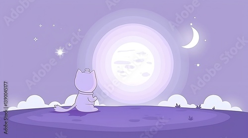 A cartoon cat gazes at the bright moon in a beautiful night sky