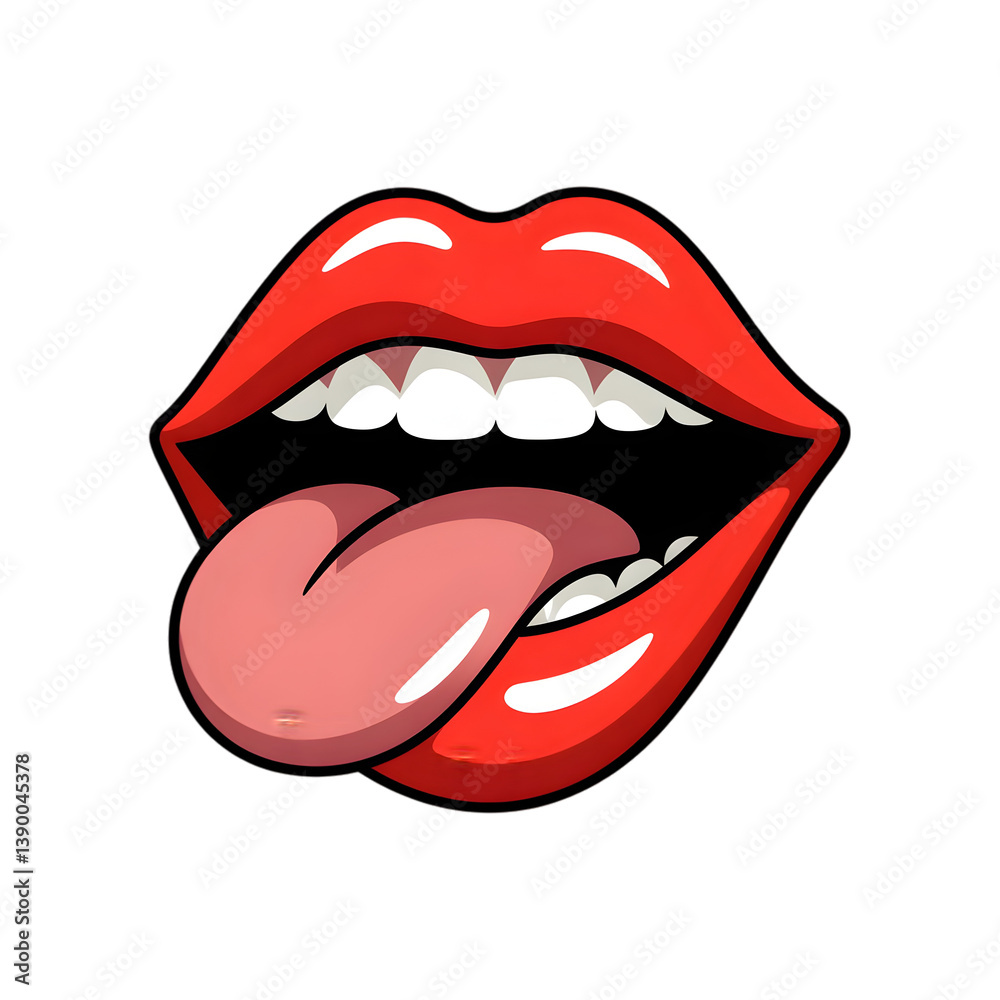 Glossy Lips with Tongue Out: a close-up depiction of a pair of plump, red lips, with the tongue playfully extended, in a vividly cartoonish representation. Glossy Lips with Tongue Out: a close-up depiction of a pair of plump, red lips, with the tongue playfully extended, in a vividly cartoonish representation.