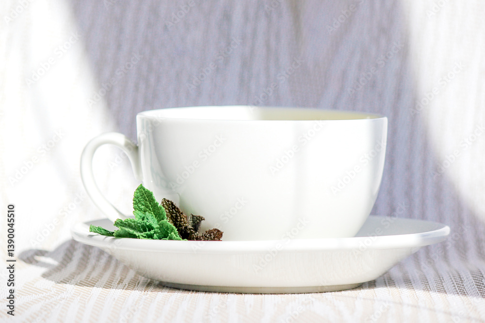 Fototapeta premium White cup and saucer with mint tea