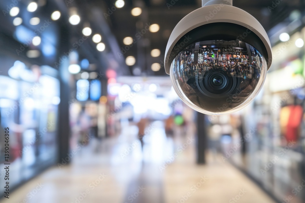 Security camera monitors shopper activity in a bustling retail environment during peak hours