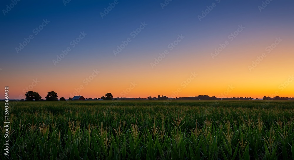 Vibrant sunrise sky over a tranquil cornfield in rural landscape scenery Vibrant sunrise sky over a tranquil cornfield in rural landscape scenery