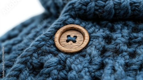 Close-up of a deep teal knitted garment with a wooden button