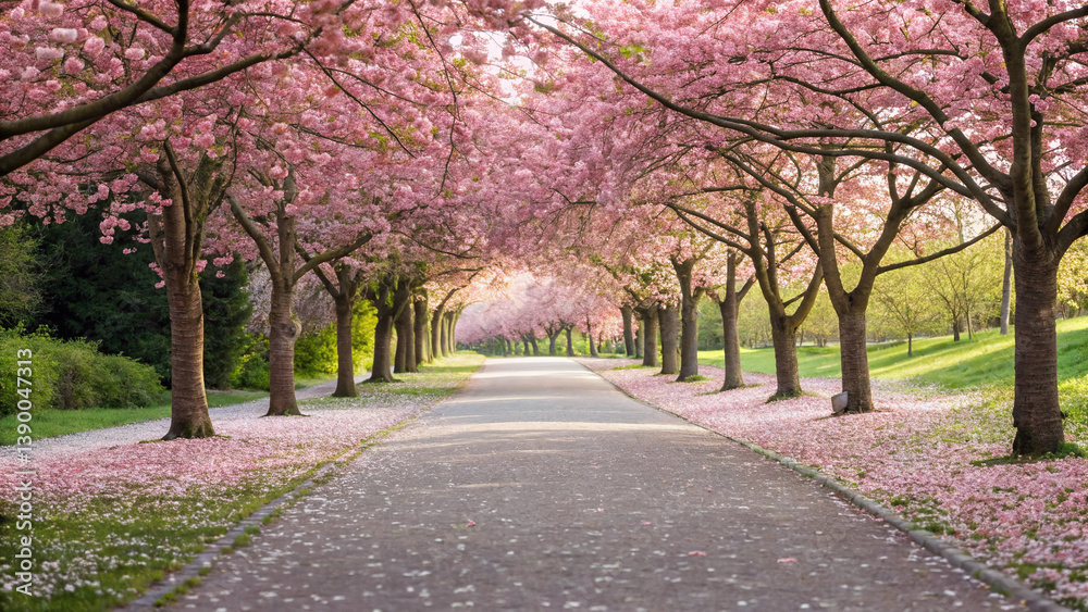 Naklejka premium A wide shot of a park path lined with trees in full bloom, covered in pink and white flowers. The path is clean, with scattered petals along the edges. Soft sunlight filters through the branches.