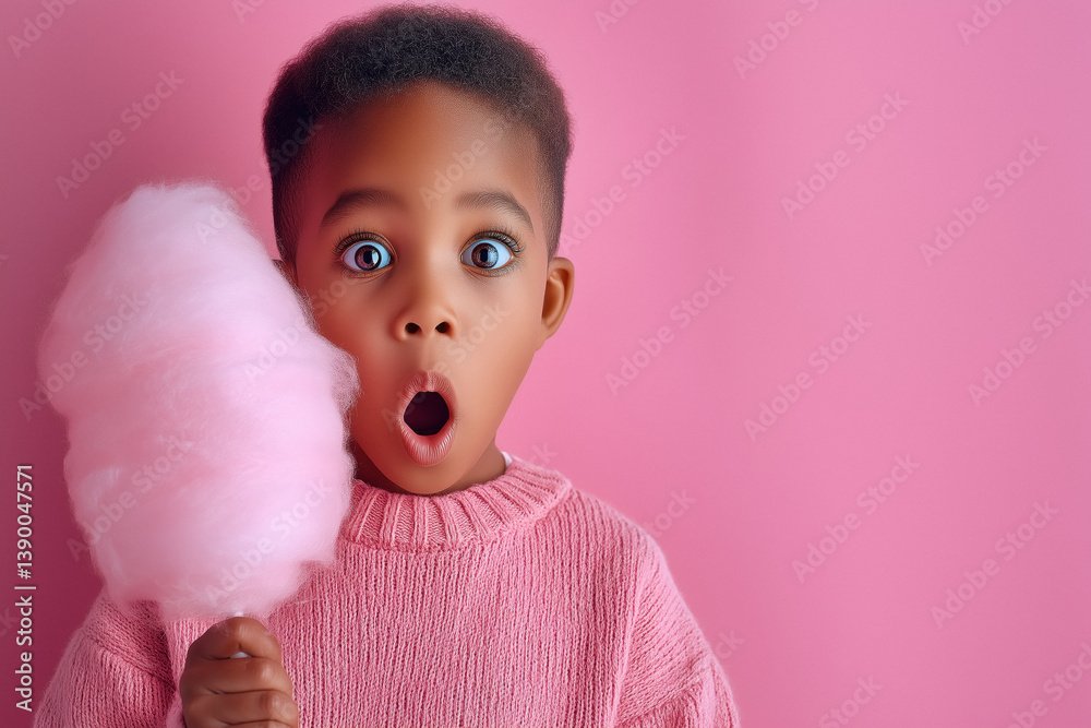 A young African American boy with wide, surprised eyes and an open mouth holds a large pink cotton candy against a bright pink background.