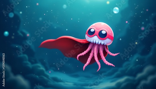  A red cartoon jellyfish wears a superhero cape underwater.