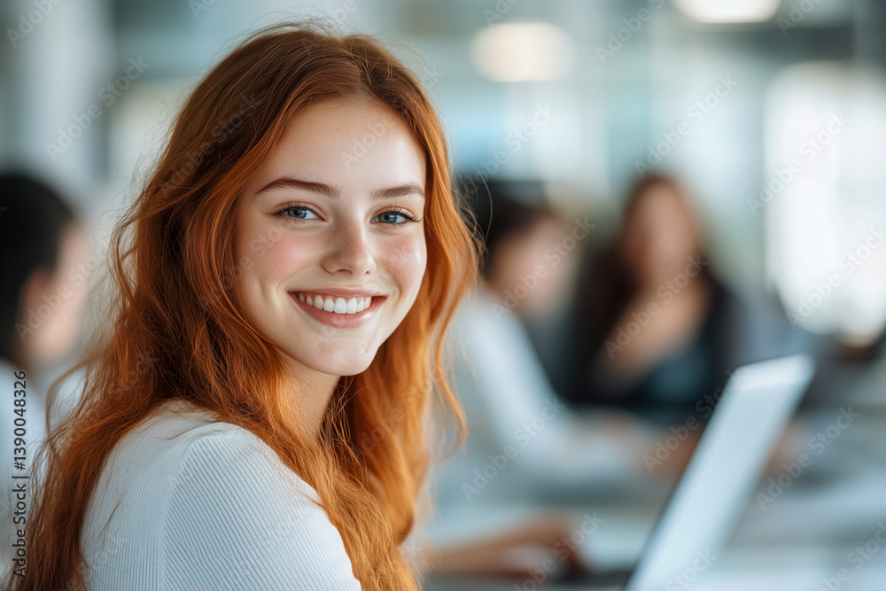 A young woman with long, wavy auburn hair smiles warmly at the camera in a bright, modern office setting with blurred colleagues in the background.
