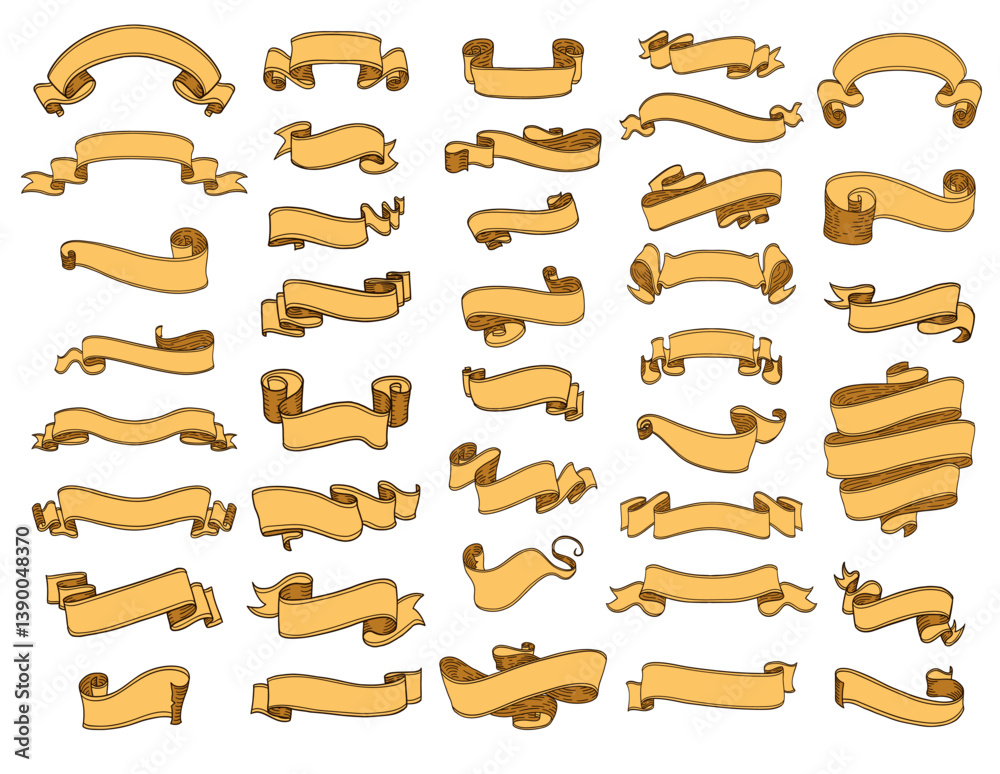 collection of vintage-style hand-drawn banners and ribbons in various shapes and styles, scroll-like patterns