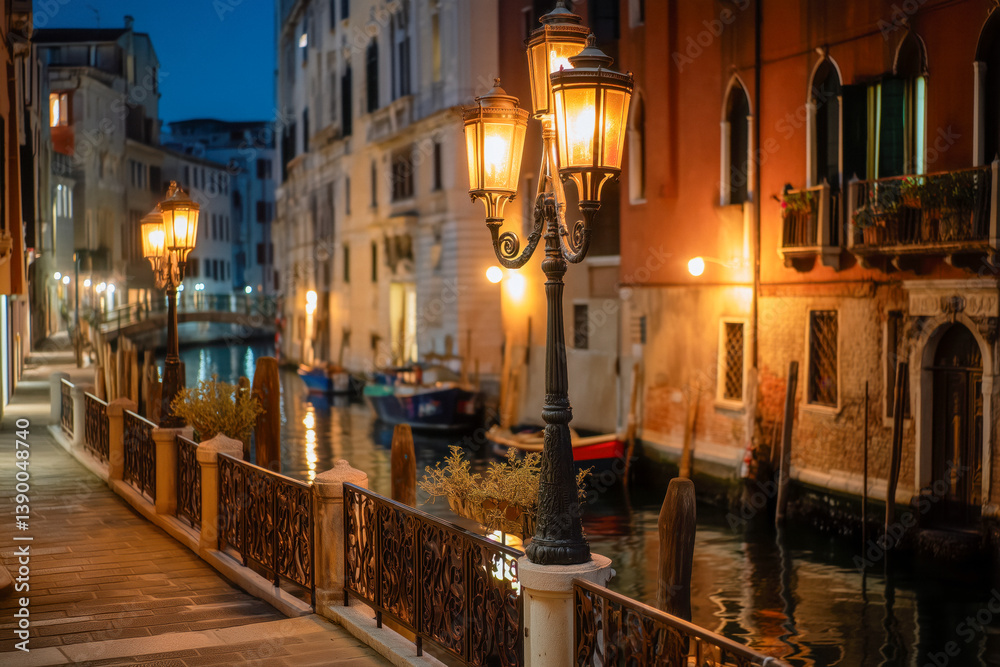 Venetian canal at night with illuminated street lamps casting a warm glow on the water and historic buildings.